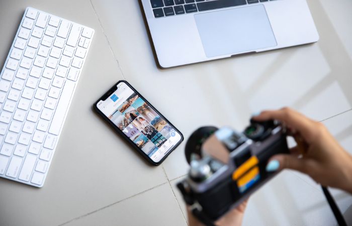 Creative social media manager working with digital graphics